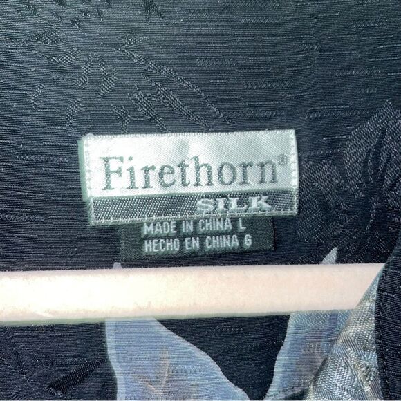 Vintage Firethorn L Black Silk Hawaiian Shirt Tropical Floral Button Up Collar - Picture 4 of 7